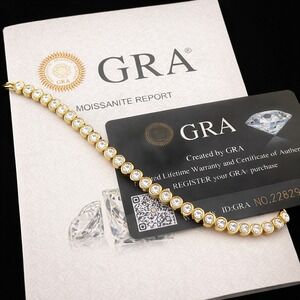 GRA Certified Bezel Round Moissanite Tennis Bracelet Gold Over 925 Sterling 8”